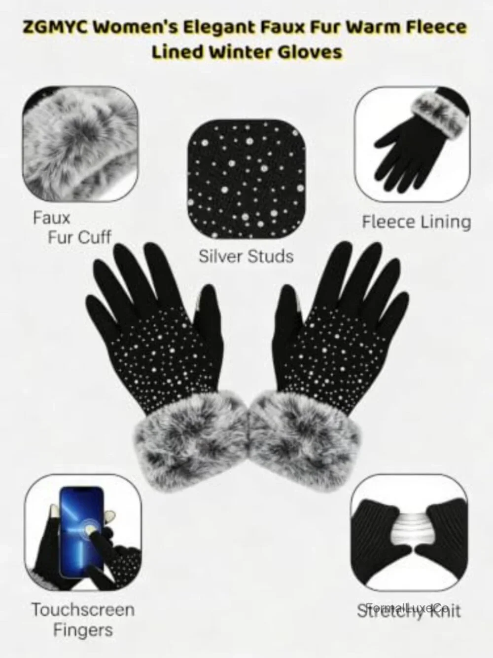 Rhinestone Touchscreen Fleece Lined Winter Gloves with Faux Fur Cuffs